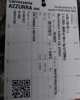 MOTORE HYUNDAU IX20 2012 CODICE MOTORE D4FC
