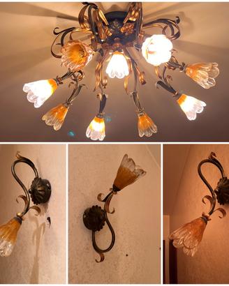 Lampadario +3 applique ferro battuto vetro Murano