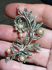 Argento 925 Spilla Vintage marcasite fiori 