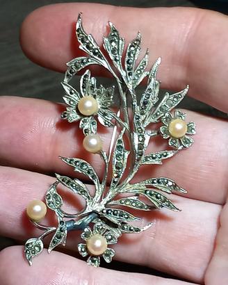 Argento 925 Spilla Vintage marcasite fiori 