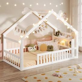 Letto Casetta Bambini con Luci LED e Ripiani