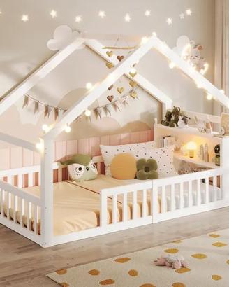 Letto Casetta Bambini con Luci LED e Ripiani