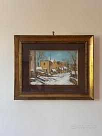 Dipinto Olio Su Tela Paesaggio Invernale Neve
