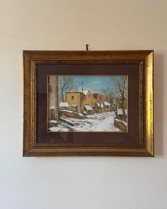 Dipinto Olio Su Tela Paesaggio Invernale Neve