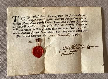 Antica reliquia del 1751 con bolla