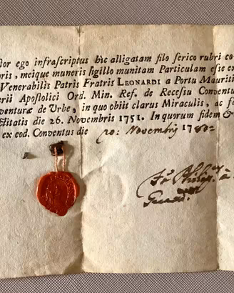 Antica reliquia del 1751 con bolla