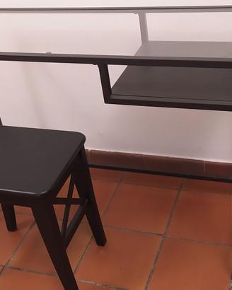 Tavolino computer ferro/vetro+seggiolino in legno