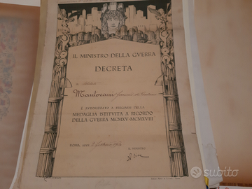 DECRETO MEDAGLIA prima guerra mondiale