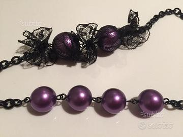 Collana nera e viola con inserti in pizzo