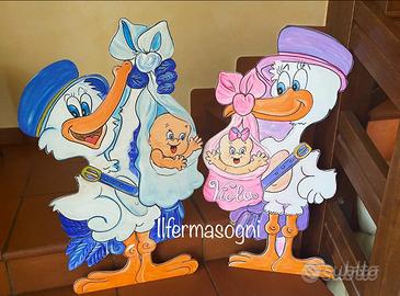 Cicogna fiocco nascita in legno tutte le misure