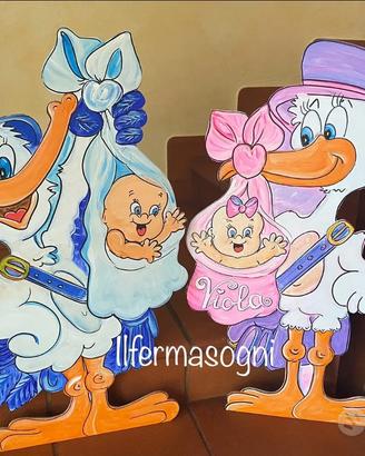 Cicogna fiocco nascita in legno tutte le misure