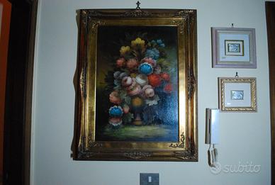 Quadro natura morta con cornice intarsiata in legn