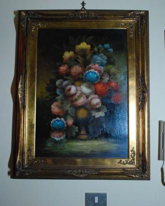 Quadro natura morta con cornice intarsiata in legn