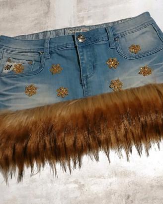 mini Skirt rare minigonna in denim e ecopelliccia