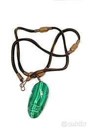 Collana malachite naturale e cuoio vintage