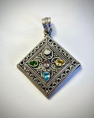 Pendente argento 925, gemme colorate semipreziose