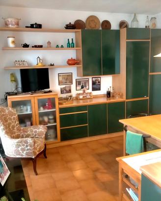 Ampia cucina componibile angolare verde e  legno