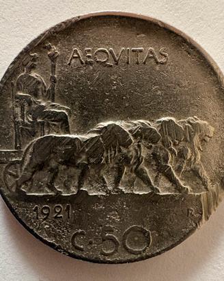 Moneta Vitt Em III Re D’Italia AEQUITAS C 50 1921