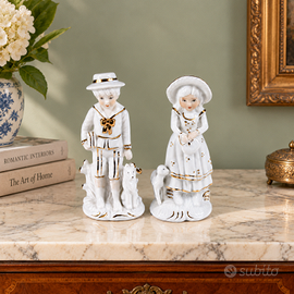 Coppia figurine porcellana bianca oro vintage '60