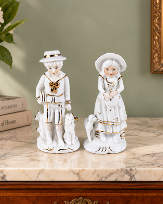 Coppia figurine porcellana bianca oro vintage '60
