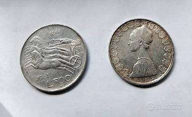 Monete da 500 lire in argento. Lotto 2 pezzi. 