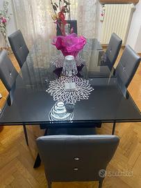 Tavolo in Vetro Nero + 6 Sedie Grigie