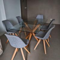 TAVOLO VETRO/ROVERE NATURALE E SEI SEDIE