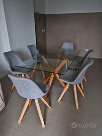 TAVOLO VETRO/ROVERE NATURALE E SEI SEDIE