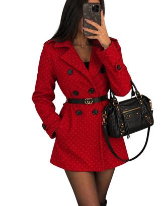 Cappotto donna rosso a pois strass con cintura