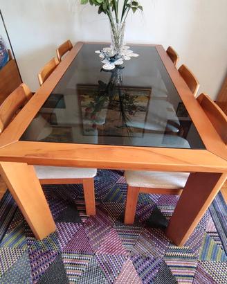 Tavolo in legno con piano in cristallo+6 sedie