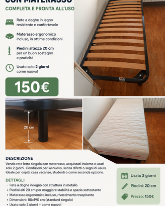 rete letto singolo con materasso