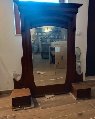 Specchio con cassetti in legno antico, massello