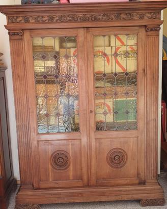 Libreria credenza vetrina antica in noce massello