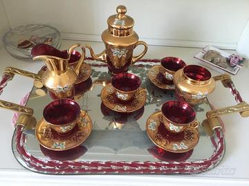Servizio tè/caffè vetro di Murano rosso rubino/oro