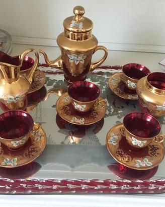 Servizio tè/caffè vetro di Murano rosso rubino/oro