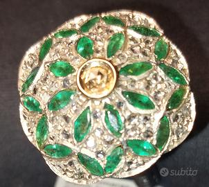 Anello Argento Art Decò. Brillanti, mini smeraldi.