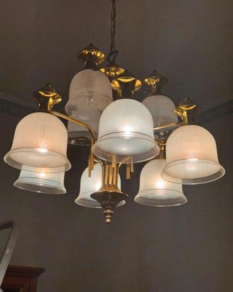 lampadario vintage ottone vetro satinato retrò