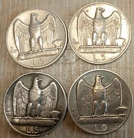 #2282 – Quattro Monete 5 Lire Argento Regno Italia