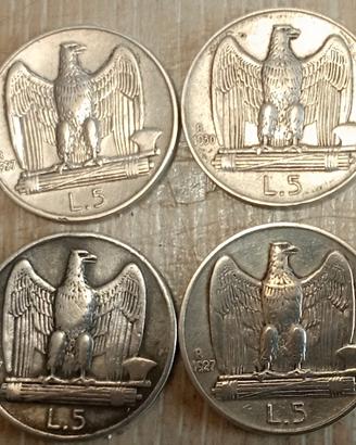 #2282 – Quattro Monete 5 Lire Argento Regno Italia