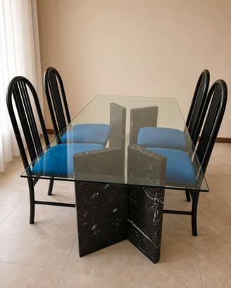 Tavolo cristallo base marmo nero + 4 sedie design