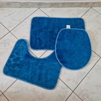 Set di 3 tappetini WC blu tappetino bagno e doccia