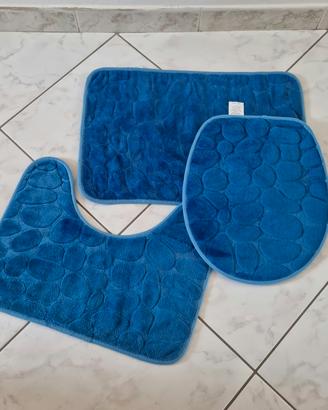 Set di 3 tappetini WC blu tappetino bagno e doccia