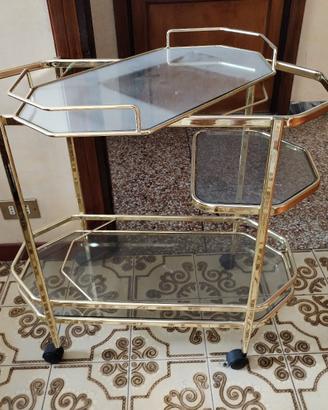 Carrello in ottone e vetri con vassoio a specchio