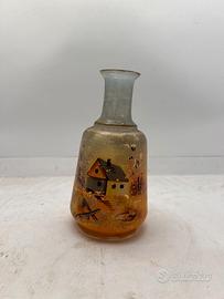 Vasetto vintage in vetro ambrato dipinto a mano