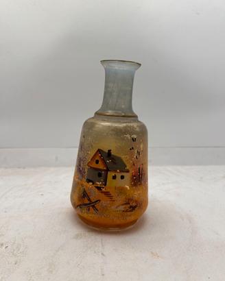 Vasetto vintage in vetro ambrato dipinto a mano