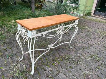 Consolle in ferro battuto con piano in legno massi