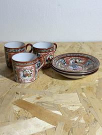 Set vintage orientale 3 tazze 3 piatti porcellana