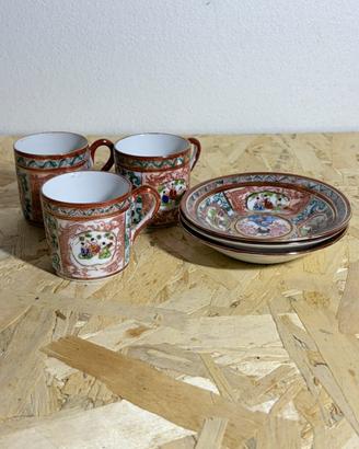 Set vintage orientale 3 tazze 3 piatti porcellana