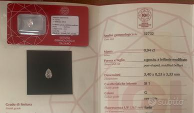 Diamante certificato Naturale 0.94 ct G/SI1 Pear