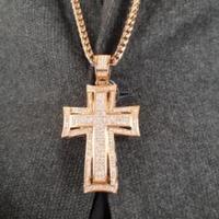 Collana pavè acciaio lamina oro rosa croce bling